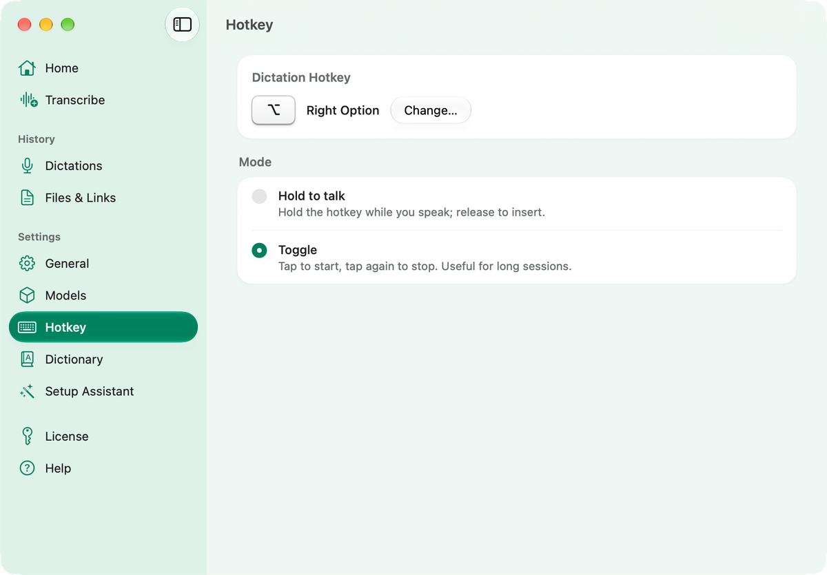 Wave Speak Pro's Hotkey page: the dictation hotkey set to the right Option key, and the choice between hold to talk and toggle.