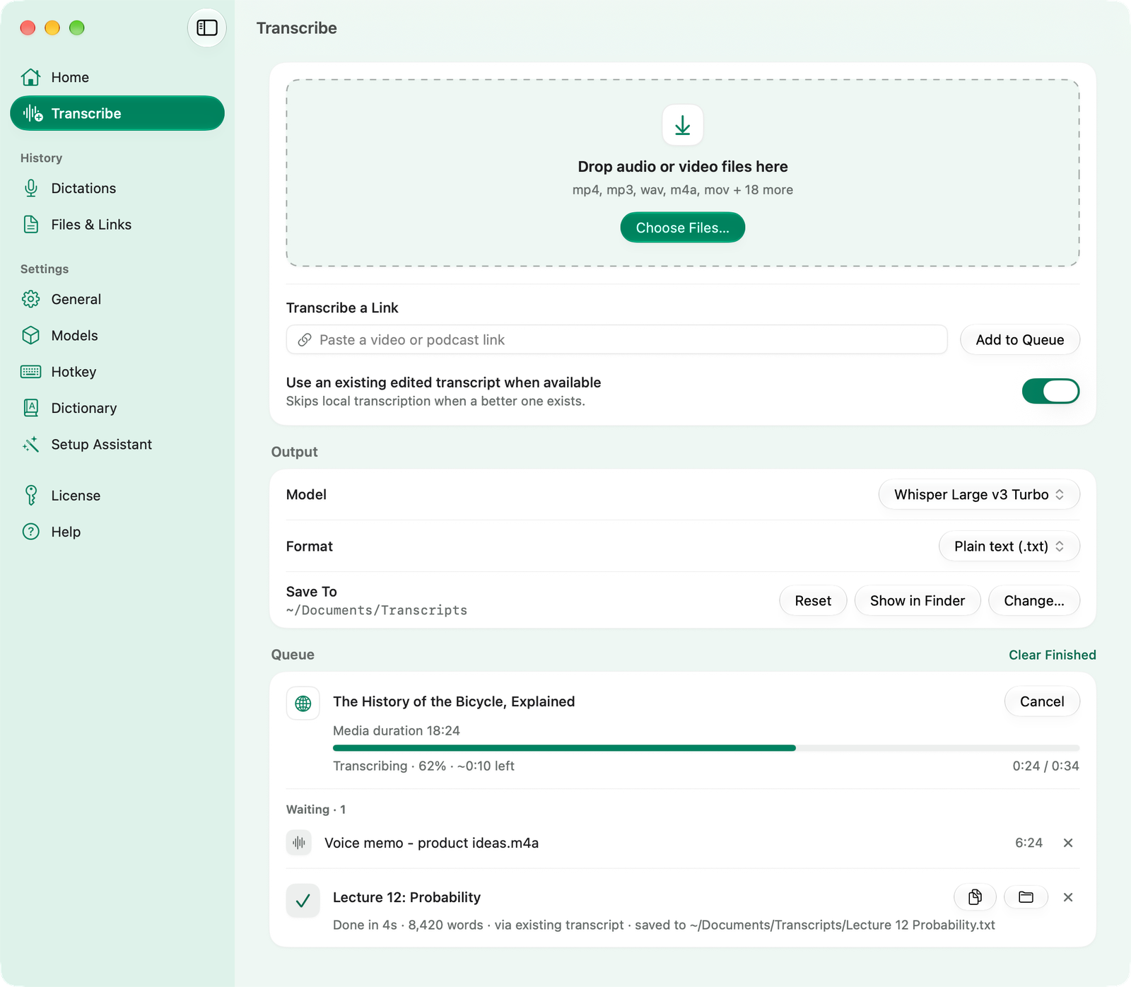 Wave Speak Pro's Transcribe page: under the drop area, a field to paste a video or podcast link. In the queue a link is being transcribed, a voice memo waits, and a lecture is finished from its existing transcript.